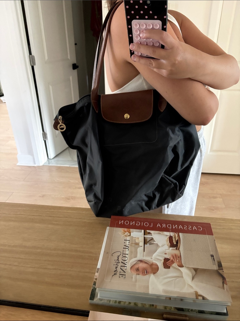 Longchamp Black Tote with Brown Leather Trim